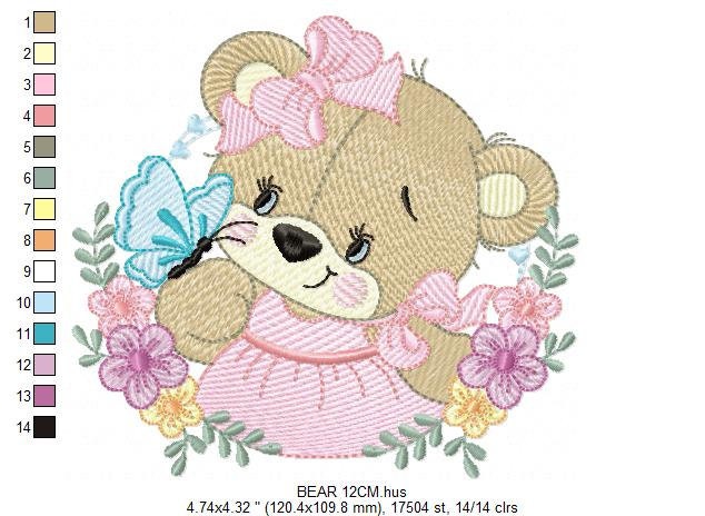 Female Bear embroidery designs - Baby girl embroidery design machine embroidery pattern - Bear with butterfly embroidery file - digital file