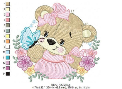 Female Bear embroidery designs - Baby girl embroidery design machine embroidery pattern - Bear with butterfly embroidery file - digital file