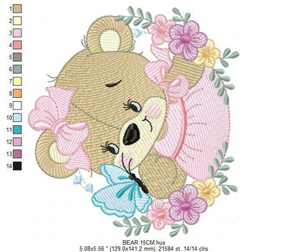 Female Bear embroidery designs - Baby girl embroidery design machine embroidery pattern - Bear with butterfly embroidery file - digital file