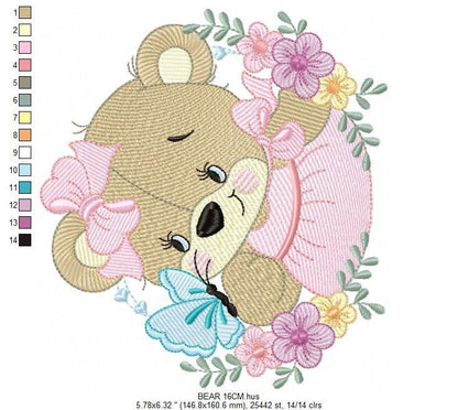 Female Bear embroidery designs - Baby girl embroidery design machine embroidery pattern - Bear with butterfly embroidery file - digital file