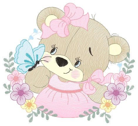 Female Bear embroidery designs - Baby girl embroidery design machine embroidery pattern - Bear with butterfly embroidery file - digital file