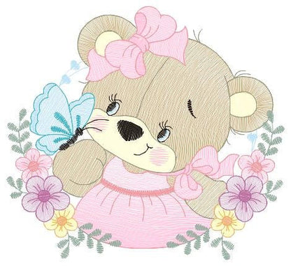 Female Bear embroidery designs - Baby girl embroidery design machine embroidery pattern - Bear with butterfly embroidery file - digital file