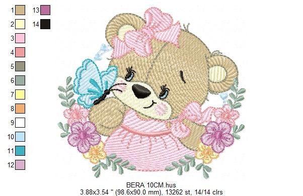 Female Bear embroidery designs - Baby girl embroidery design machine embroidery pattern - Bear with butterfly embroidery file - digital file