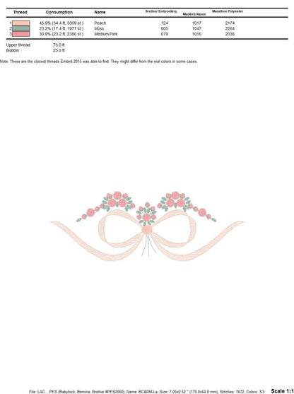 Lace with flowers embroidery designs - Bow Tie machine embroidery pattern - Baby girl file - Instant digital download pes jef dst hus vp3