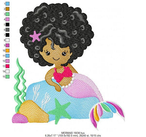 Mermaid embroidery designs - African American embroidery design machine embroidery pattern - Black girl with curly hair Mermaid design jef