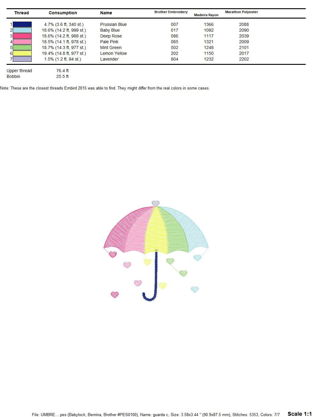 Umbrella with hearts embroidery designs - Colorful Rainbow Umbrella machine embroidery pattern - Baby girl file - Instant download pes jef