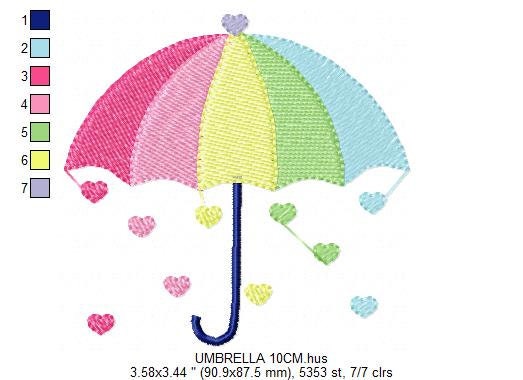 Umbrella with hearts embroidery designs - Colorful Rainbow Umbrella machine embroidery pattern - Baby girl file - Instant download pes jef