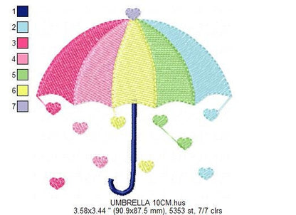 Umbrella with hearts embroidery designs - Colorful Rainbow Umbrella machine embroidery pattern - Baby girl file - Instant download pes jef