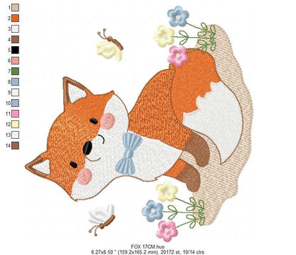 Fox embroidery designs - Red Fox with flowers and butterflies machine embroidery pattern - Baby boy woodland Animal file - Instant download