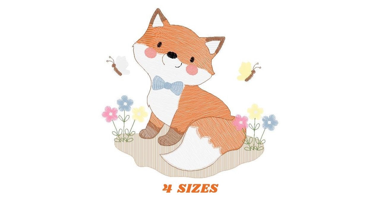 Fox embroidery designs - Red Fox with flowers and butterflies machine embroidery pattern - Baby boy woodland Animal file - Instant download