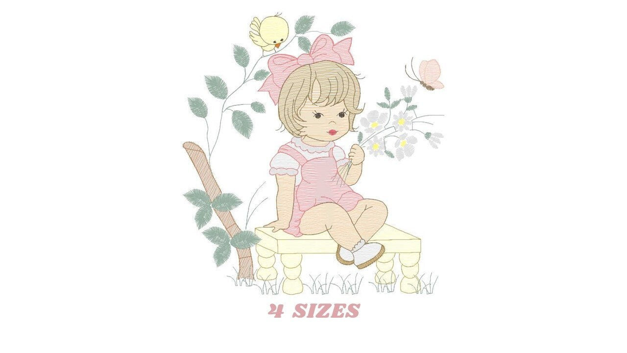 Girl embroidery designs - Flower girl embroidery design machine embroidery pattern - girl with flowers embroidery file butterfly embroidery Marcia Embroidery