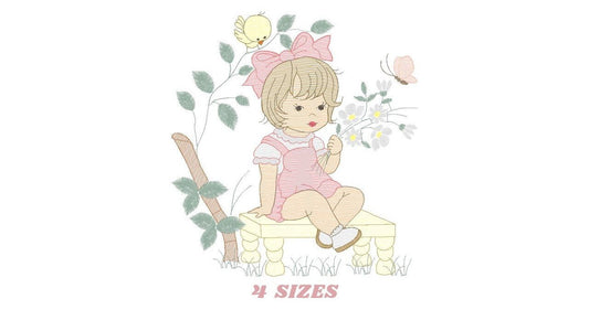 Girl embroidery designs - Flower girl embroidery design machine embroidery pattern - girl with flowers embroidery file butterfly embroidery Marcia Embroidery