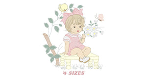 Girl embroidery designs - Flower girl embroidery design machine embroidery pattern - girl with flowers embroidery file butterfly embroidery