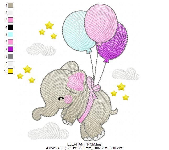 Elephant embroidery designs - Safari wild animal with balloons machine embroidery pattern - Elephant with balloons - Instant download pes
