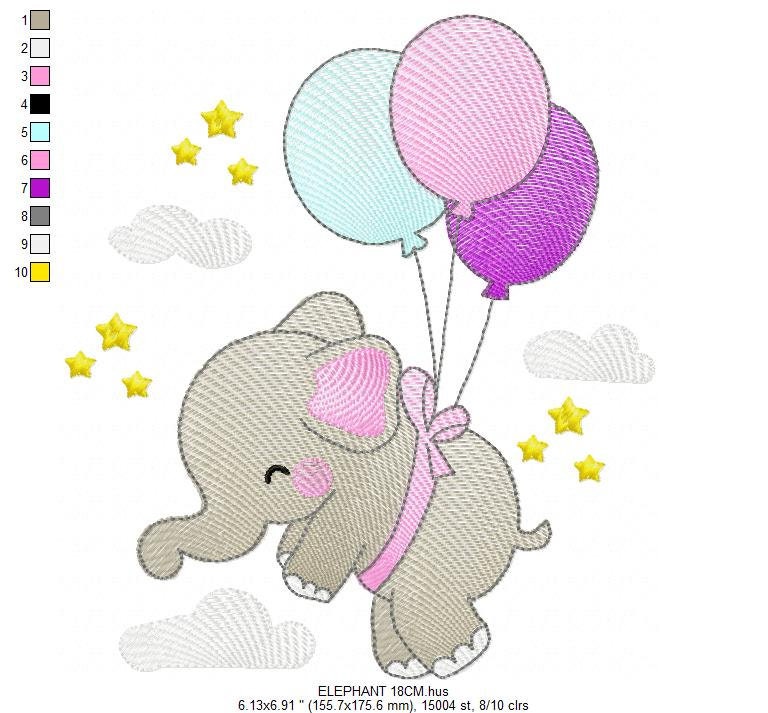 Elephant embroidery designs - Safari wild animal with balloons machine embroidery pattern - Elephant with balloons - Instant download pes