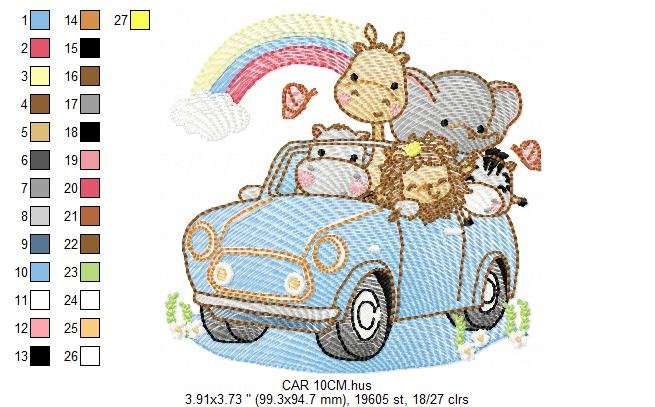 Safari animals in a car embroidery designs - Giraffe Zebra Lion Hippo Elephant machine pattern - Baby boy and girl file - Instant download