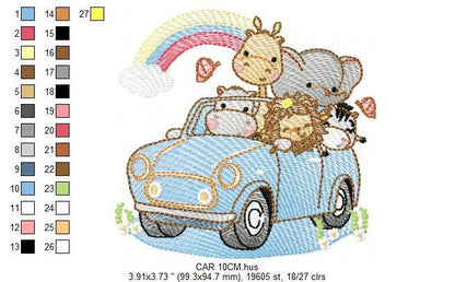 Safari animals in a car embroidery designs - Giraffe Zebra Lion Hippo Elephant machine pattern - Baby boy and girl file - Instant download