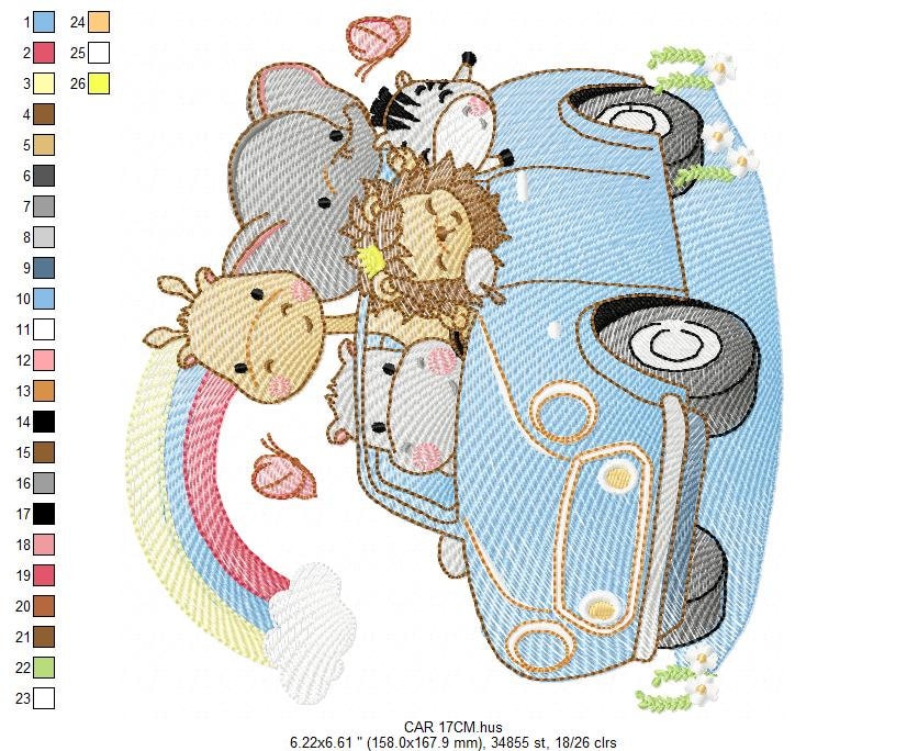 Safari animals in a car embroidery designs - Giraffe Zebra Lion Hippo Elephant machine pattern - Baby boy and girl file - Instant download
