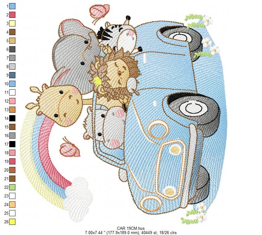 Safari animals in a car embroidery designs - Giraffe Zebra Lion Hippo Elephant machine pattern - Baby boy and girl file - Instant download