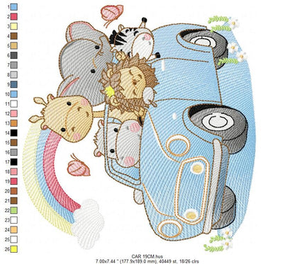 Safari animals in a car embroidery designs - Giraffe Zebra Lion Hippo Elephant machine pattern - Baby boy and girl file - Instant download