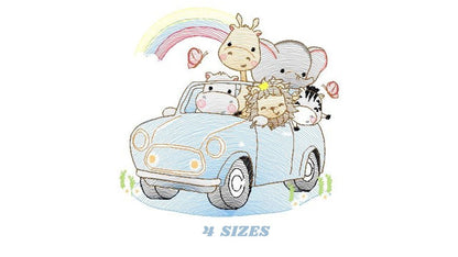 Safari animals in a car embroidery designs - Giraffe Zebra Lion Hippo Elephant machine pattern - Baby boy and girl file - Instant download
