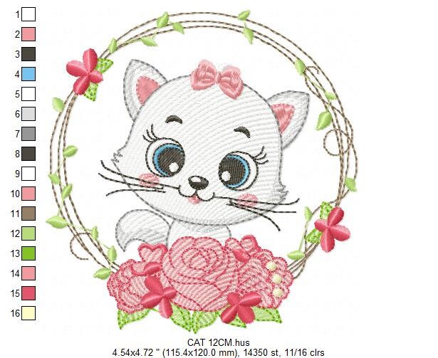 Cat embroidery design - Cat with flowers embroidery designs machine embroidery pattern - Kitten embroidery file - baby girl embroidery pes