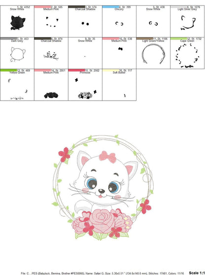 Cat embroidery design - Cat with flowers embroidery designs machine embroidery pattern - Kitten embroidery file - baby girl embroidery pes