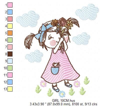 Girl embroidery designs - Flower girl embroidery design machine embroidery pattern - Girl with flowers embroidery file butterfly embroidery