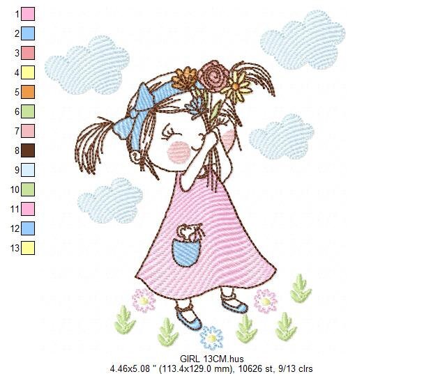 Girl embroidery designs - Flower girl embroidery design machine embroidery pattern - Girl with flowers embroidery file butterfly embroidery