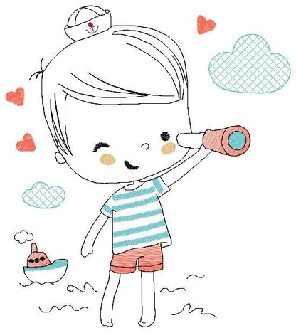 Boat embroidery design - Baby Boy with telescope machine embroidery pattern - Nautical embroidery file - Instant digital download pes jef