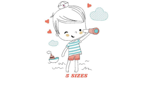 Boat embroidery design - Baby Boy with telescope machine embroidery pattern - Nautical embroidery file - Instant digital download pes jef