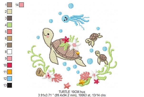 Turtle embroidery design - Ocean animal with shells algae and coral machine embroidery pattern - Baby boy and girl file - Instant download