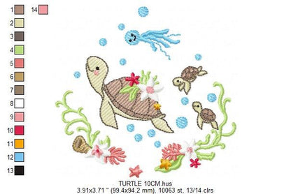 Turtle embroidery design - Ocean animal with shells algae and coral machine embroidery pattern - Baby boy and girl file - Instant download