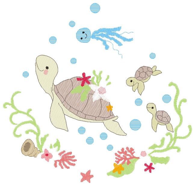 Turtle embroidery design - Ocean animal with shells algae and coral machine embroidery pattern - Baby boy and girl file - Instant download