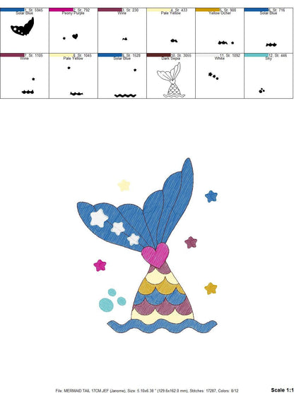Mermaid embroidery designs - Mermaid Tail with waves and stars machine embroidery pattern - Baby Girl Mermaid fin - Instant download pes jef