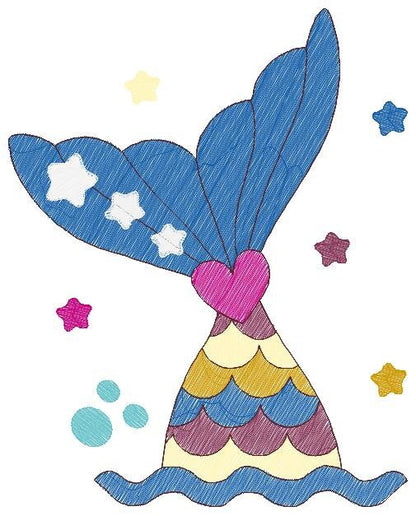Mermaid embroidery designs - Mermaid Tail with waves and stars machine embroidery pattern - Baby Girl Mermaid fin - Instant download pes jef