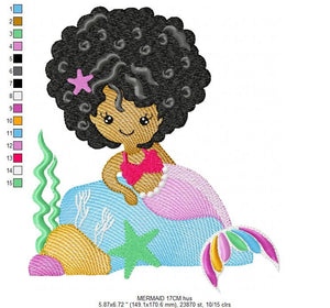Mermaid embroidery designs - African American embroidery design machine embroidery pattern - Black girl with curly hair Mermaid design jef