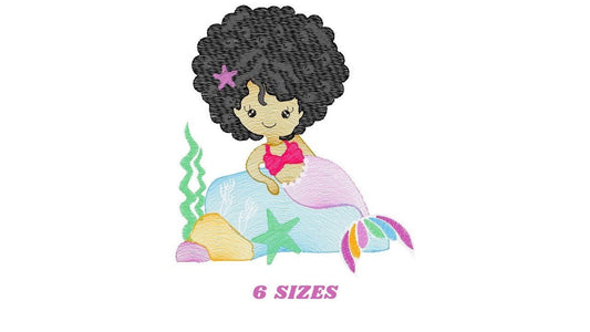 Mermaid embroidery designs - African American embroidery design machine embroidery pattern - Black girl with curly hair Mermaid design jef