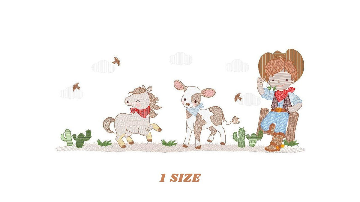 Cowboy embroidery design - Farm Animal machine embroidery pattern - Wrangler Horse Cow Rancher Buckaroo - Instant digital download pes jef