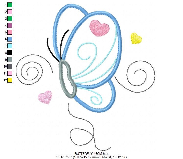 Butterfly with hearts embroidery design - Butterfly applique machine embroidery pattern - Baby girl file - Instant digital download pes jef