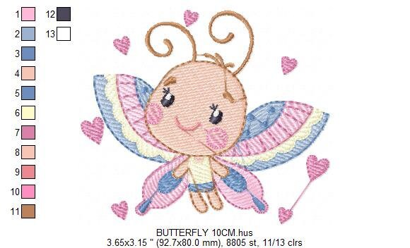 Butterfly with hearts embroidery design - Colorful Dragonfly machine embroidery pattern - Baby boy and girl file - Instant download digital