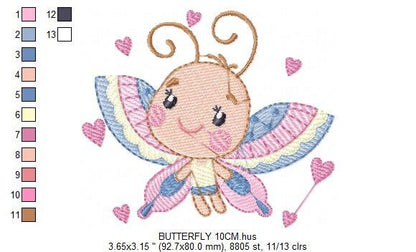 Butterfly with hearts embroidery design - Colorful Dragonfly machine embroidery pattern - Baby boy and girl file - Instant download digital