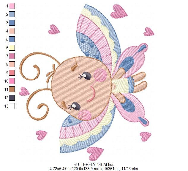 Butterfly with hearts embroidery design - Colorful Dragonfly machine embroidery pattern - Baby boy and girl file - Instant download digital