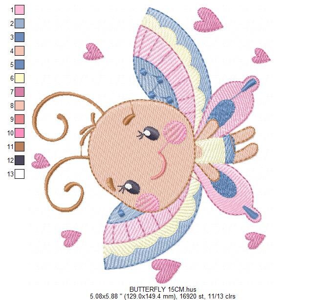 Butterfly with hearts embroidery design - Colorful Dragonfly machine embroidery pattern - Baby boy and girl file - Instant download digital