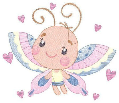Butterfly with hearts embroidery design - Colorful Dragonfly machine embroidery pattern - Baby boy and girl file - Instant download digital