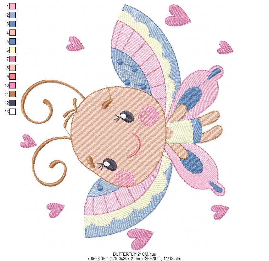 Butterfly with hearts embroidery design - Colorful Dragonfly machine embroidery pattern - Baby boy and girl file - Instant download digital