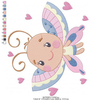 Butterfly with hearts embroidery design - Colorful Dragonfly machine embroidery pattern - Baby boy and girl file - Instant download digital