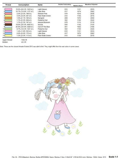 Girl embroidery designs - Flower girl embroidery design machine embroidery pattern - Girl with flowers embroidery file butterfly embroidery