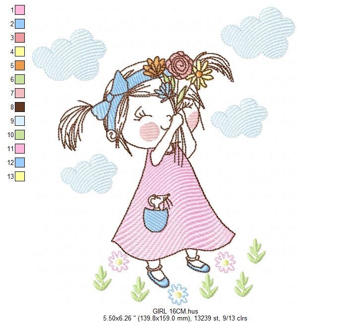 Girl embroidery designs - Flower girl embroidery design machine embroidery pattern - Girl with flowers embroidery file butterfly embroidery