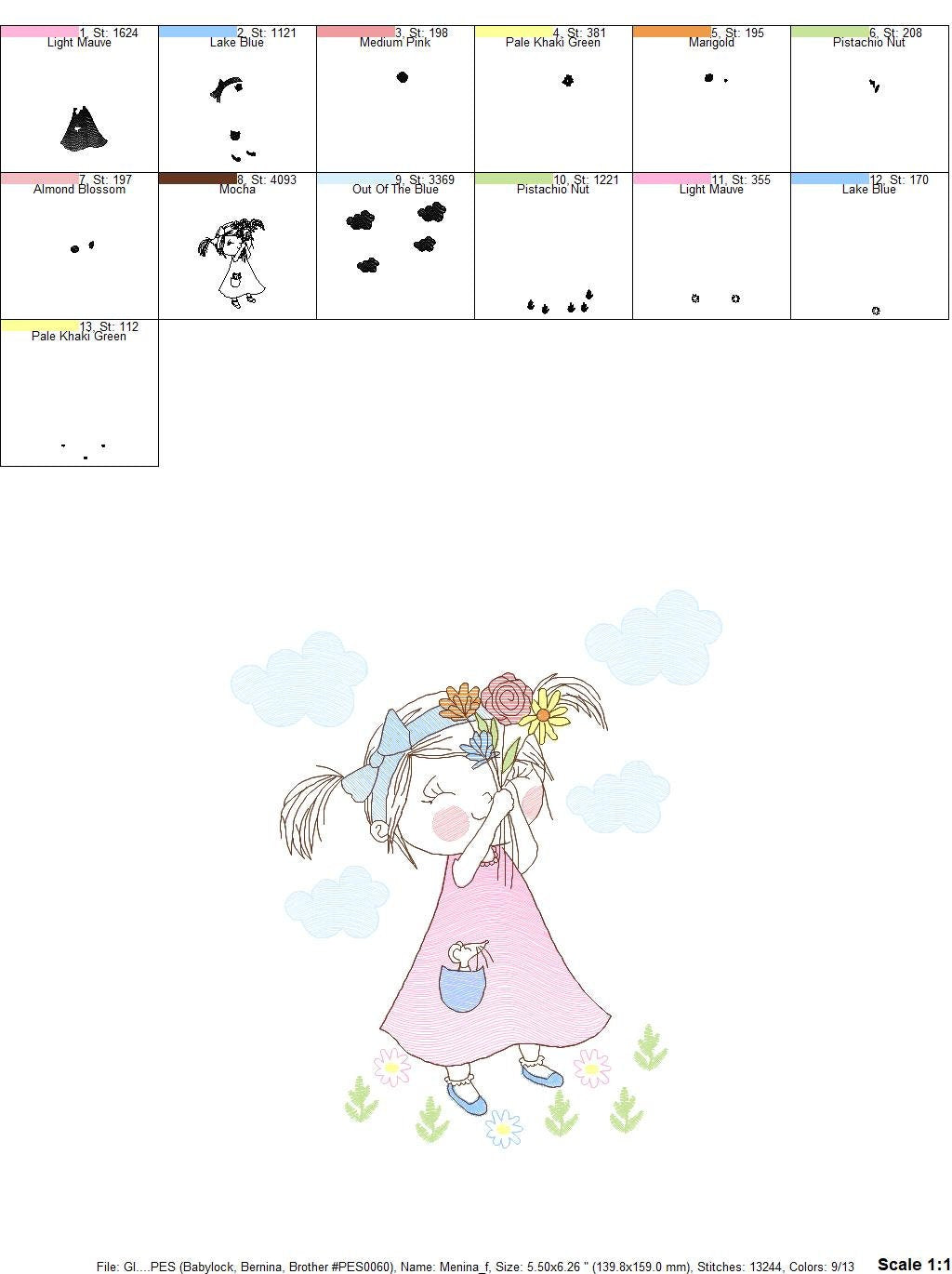 Girl embroidery designs - Flower girl embroidery design machine embroidery pattern - Girl with flowers embroidery file butterfly embroidery
